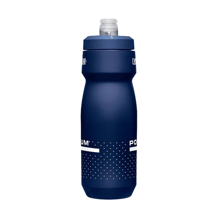 CamelBak - Podium 0.7L - A drink bottle with a navy body and a flip top, featuring a logo and a dotted design.