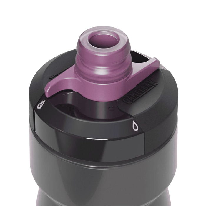 CamelBak - Podium 0.7L - A drink bottle in black with a purple lid and valve, featuring a logo on the side.