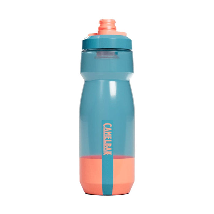 CamelBak - Podium 0.7L - A drink bottle featuring a blue and orange design with a logo. It has a flip-top cap and a tapered body.