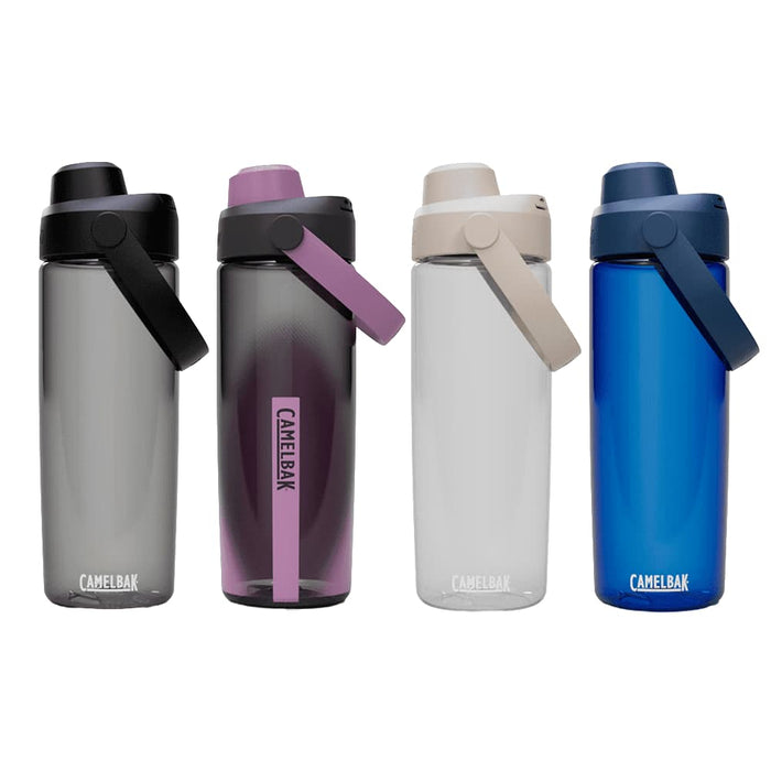 CamelBak - Thrive Chug 0.6L - A drink bottle featuring four variations: grey, purple, white, and blue, with a flip-top cap and a handle.