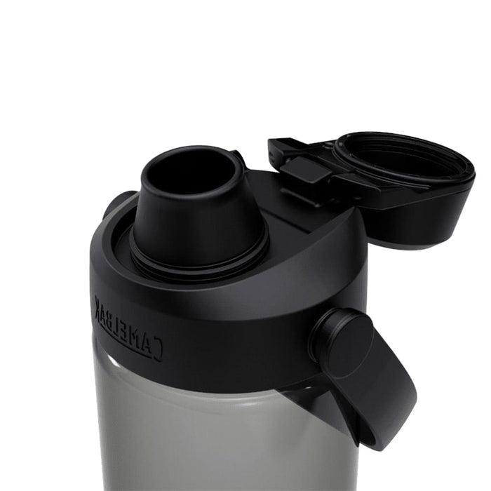 CamelBak - Thrive Chug 0.6L - A drink bottle featuring a grey body and a black lid with a drinking spout and a flip-top cap.