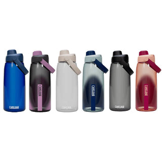 CamelBak - Thrive Chug 1.0L - A drink bottle collection featuring shades of blue, pink, grey, and clear, each with a flip-top lid and branded logo.