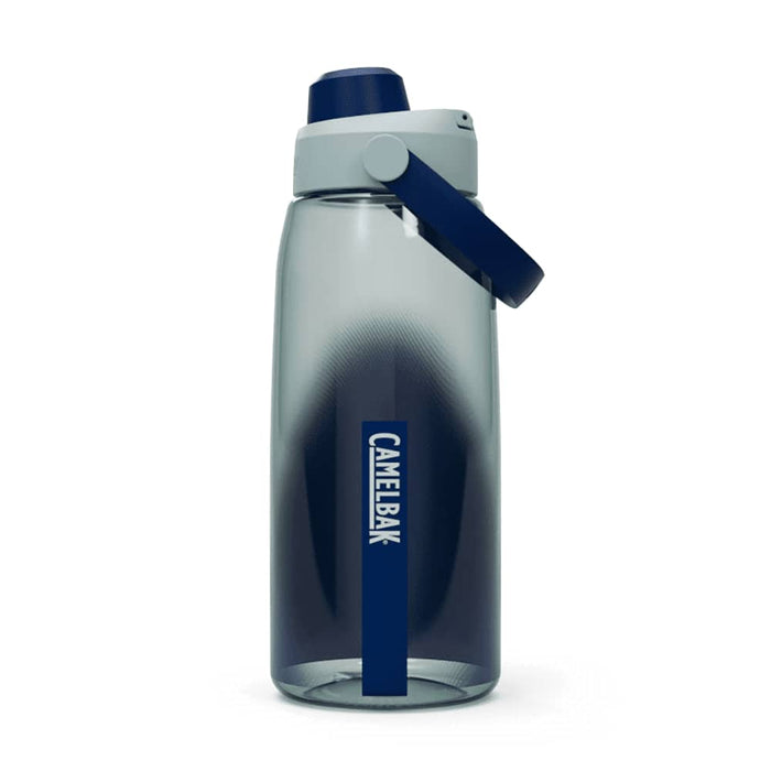 CamelBak - Thrive Chug 1.0L - A drink bottle in grey with a navy blue lid and handle, featuring a logo on the side.