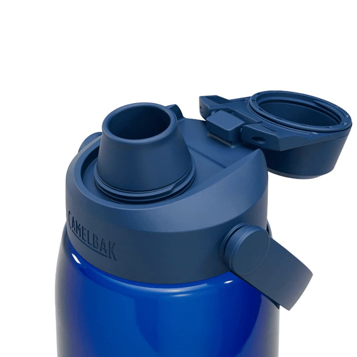 CamelBak - Thrive Chug 1.0L - A drink bottle in a deep blue colour, featuring a screw top with a spout and a safety lid. It has a logo on the side.
