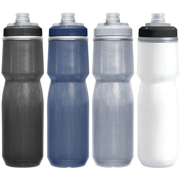 CamelBak - Podium Chill 0.7L - A drink bottle collection in black, dark blue, light blue, and white, featuring a brand logo.