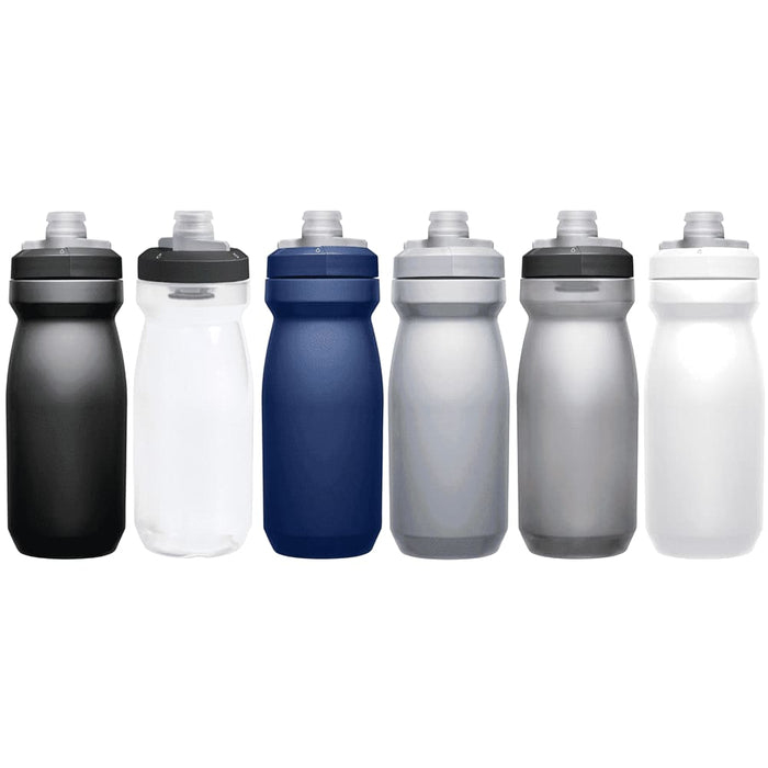 CamelBak - Podium 0.6L - Plain Colours - A drink bottle collection featuring black, clear, navy, silver, and white options, each with a grey cap and logo.