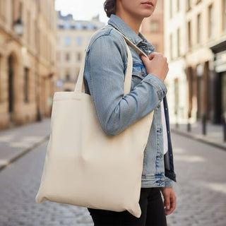 440gsm Kensington Recycled Cotton Tote Bag - A person wearing a denim jacket holds a cream-coloured recycled cotton tote bag on a cobblestone street.