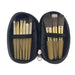9 Brushes in a Case - A zippered case containing nine makeup brushes with gold handles and black bristles, neatly organised inside.