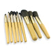 9 Brushes in a Case - Nine makeup brushes with gold ferrules and light wooden handles, arranged neatly in a case.