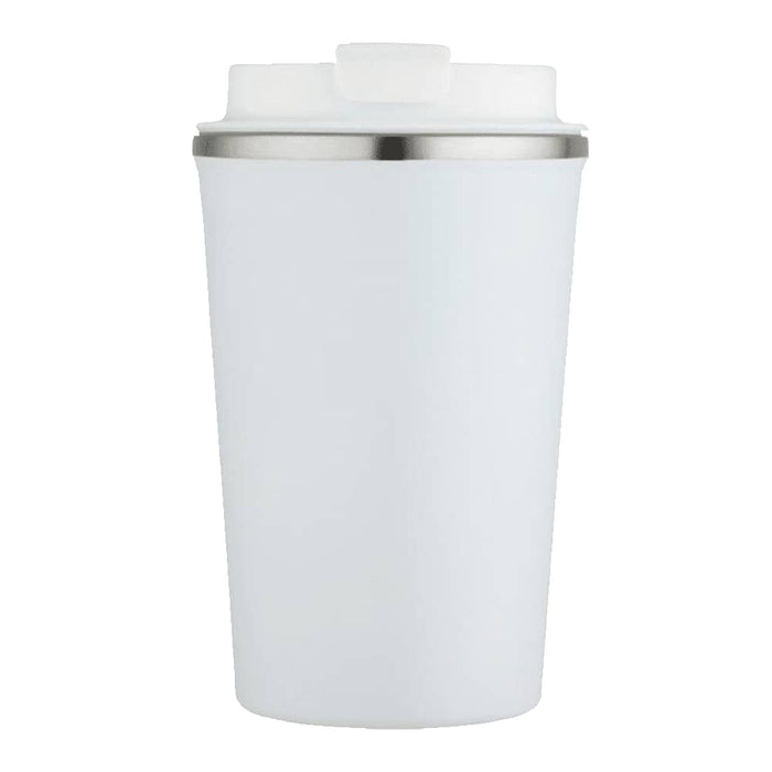Carry Cup Newport Double Wall Vacuum Tumbler - 350ml - A drink bottle featuring a white exterior with a stainless steel lid and a logo. Double wall vacuum design.