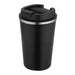 Carry Cup Newport Double Wall Vacuum Tumbler - 350ml - A drink bottle with a double-wall design, featuring a black exterior and a silver band around the top. It has a lid and a logo.