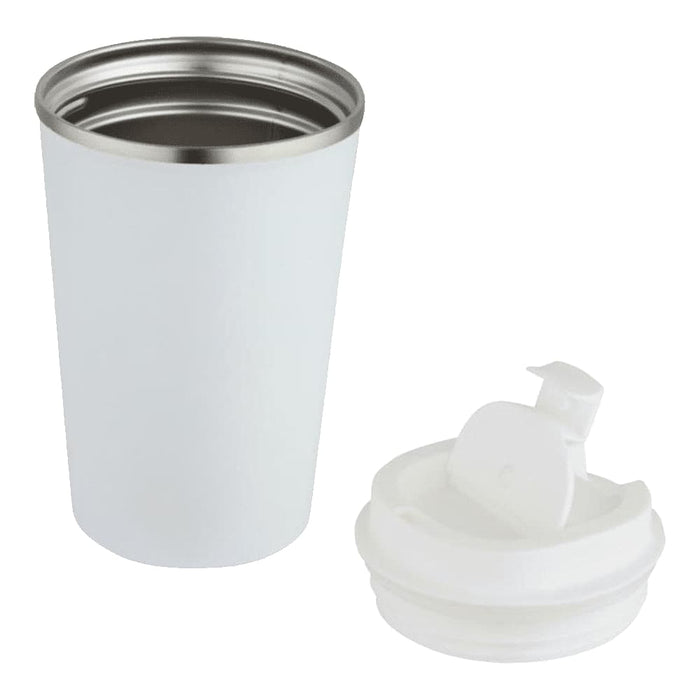 Carry Cup Newport Double Wall Vacuum Tumbler - 350ml - A drink bottle in white, featuring a double wall vacuum design and a removable lid. It includes a logo.
