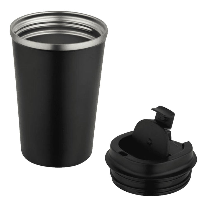 Carry Cup Newport Double Wall Vacuum Tumbler - 350ml - A drink bottle featuring a black double wall vacuum tumbler with a silver rim and a separate black lid.
