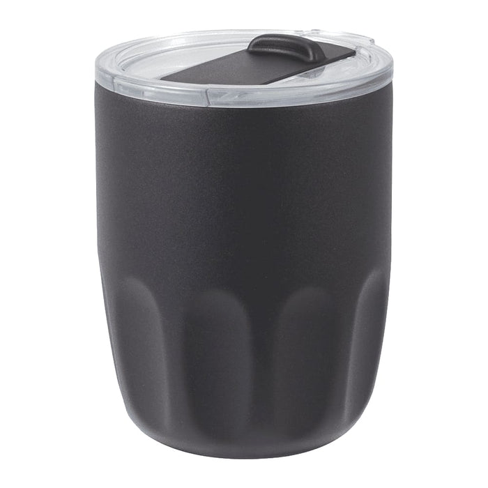 Carry Cup Olla Vacuum Coffee Cup w/ Ceramic Liner - 300ml - A drink bottle in matte black with a transparent lid and a textured design. It includes a logo.