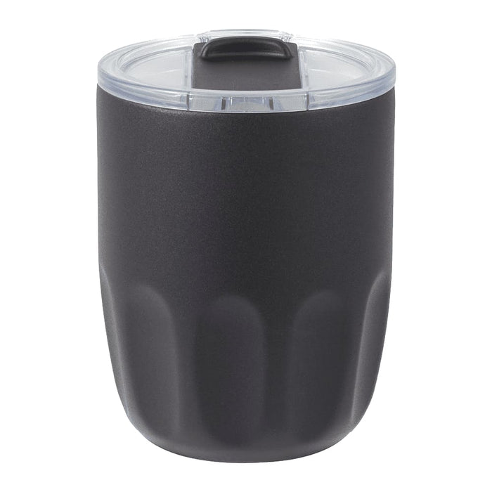 Carry Cup Olla Vacuum Coffee Cup w/ Ceramic Liner - 300ml - A drink bottle in matte black with a clear lid and a textured base, featuring a logo.