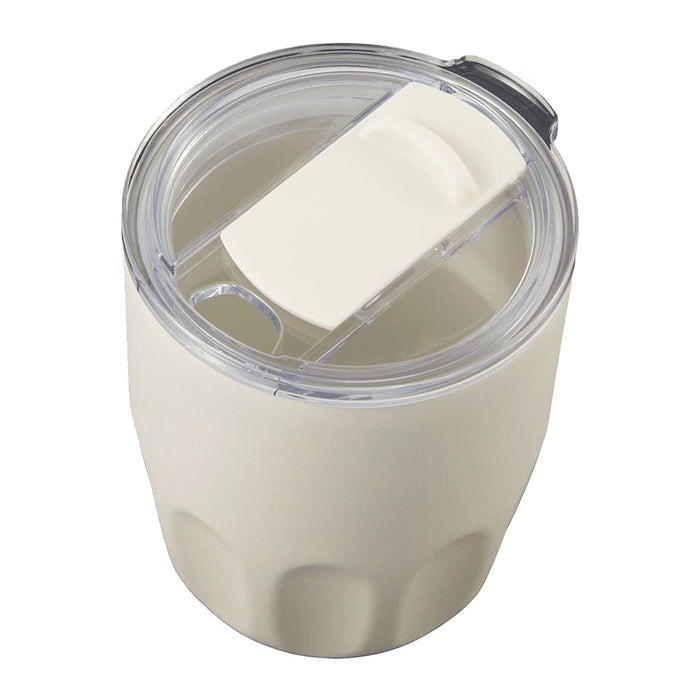 Carry Cup Olla Vacuum Coffee Cup w/ Ceramic Liner - 300ml - A drink bottle featuring a cream exterior, clear lid, and a ceramic liner with a sliding closure. It has a logo.