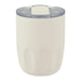 Carry Cup Olla Vacuum Coffee Cup w/ Ceramic Liner - 300ml - A drink bottle with a white exterior and clear lid, featuring a logo, designed for hot or cold beverages.