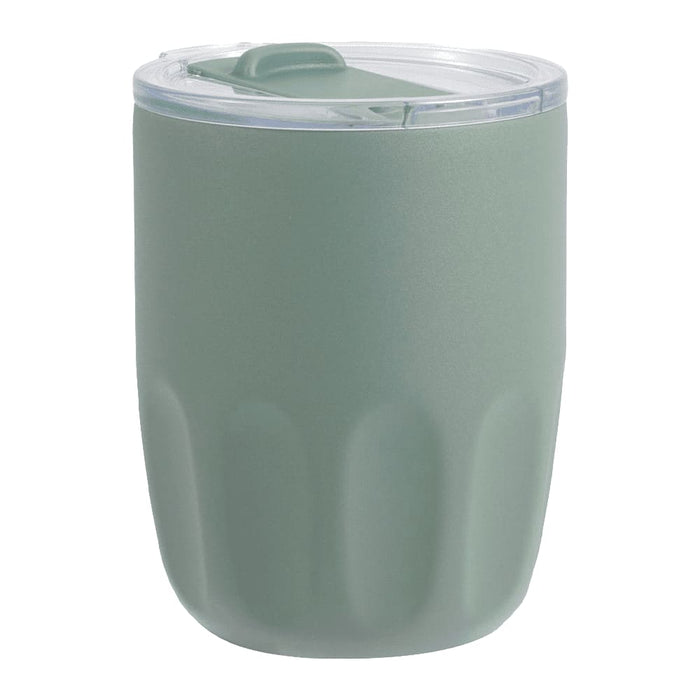 Carry Cup Olla Vacuum Coffee Cup w/ Ceramic Liner - 300ml - A drink bottle in matte sage green with a clear plastic lid and a textured design. It features a branding logo.