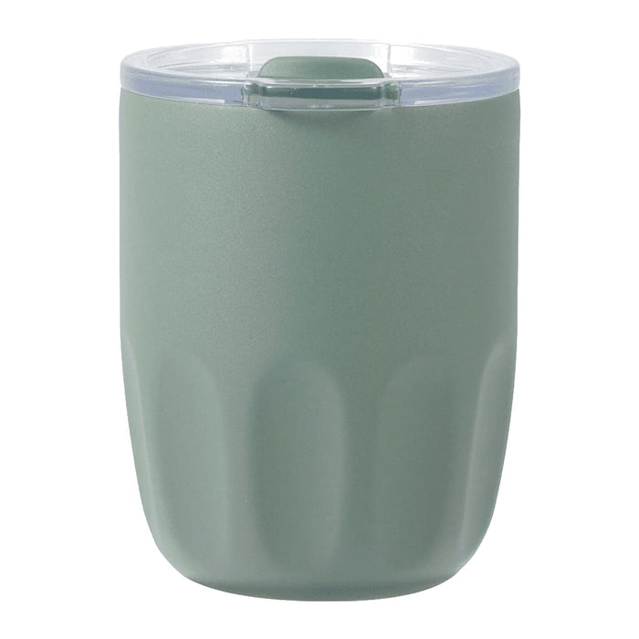 Carry Cup Olla Vacuum Coffee Cup w/ Ceramic Liner - 300ml - A drink bottle featuring a green exterior with a transparent lid and a ceramic liner inside. It has a simple, rounded design and includes a logo.