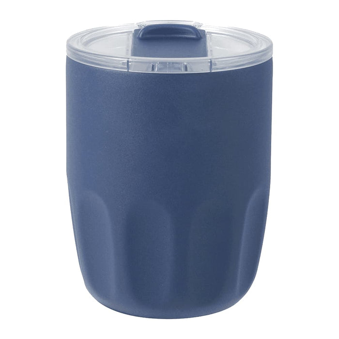 Carry Cup Olla Vacuum Coffee Cup w/ Ceramic Liner - 300ml - A drink bottle with a navy blue exterior and a clear lid, featuring a logo on the surface.