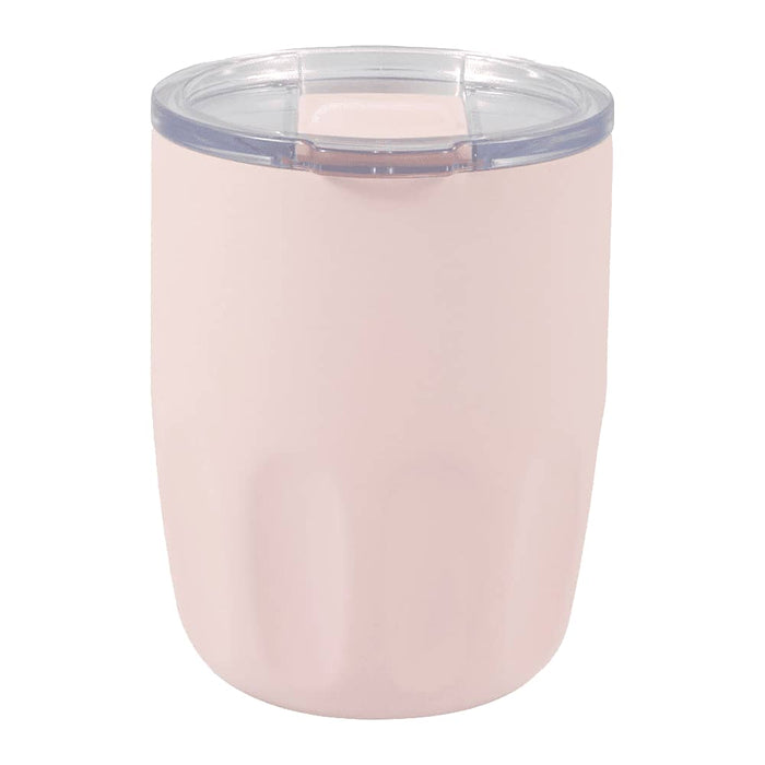 Carry Cup Olla Vacuum Coffee Cup w/ Ceramic Liner - 300ml - A drink bottle in a soft pink colour with a transparent lid and a logo on the side.