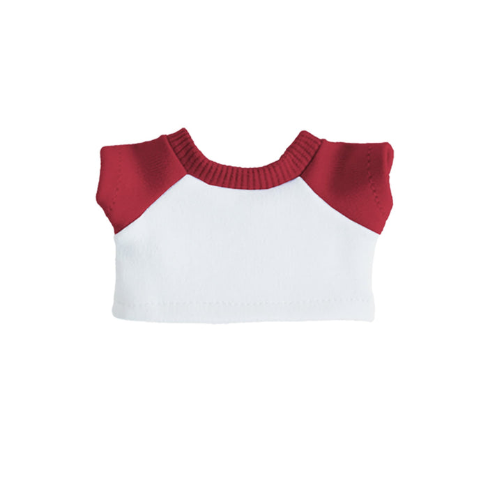 Plush Doll Raglan T-Shirt - A plush doll raglan t-shirt in white with red sleeves, featuring a ribbed collar. The item has a logo.