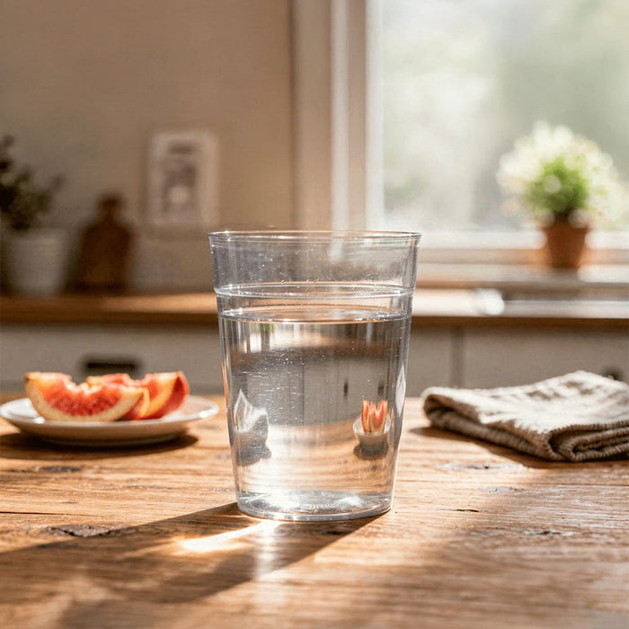 Tritan Carry Cup - A clear glass filled with water, placed on a wooden table beside a plate of sliced fruit and a towel.