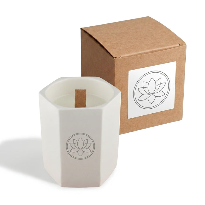 Noosa Hexagon Ceramic Candle - A hexagon-shaped white ceramic candle with a wooden wick, next to a brown cardboard box. It features a logo.