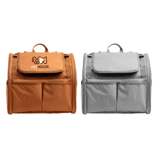 Pet Backpack Carrier with Expandable Design - A pet backpack carrier in orange and grey, featuring a logo and expandable design. It has a front flap and pockets.