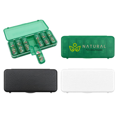 7 Day Pills Organizer - A 7-day pills organiser featuring green, black, and white colours, with a logo on the green case.