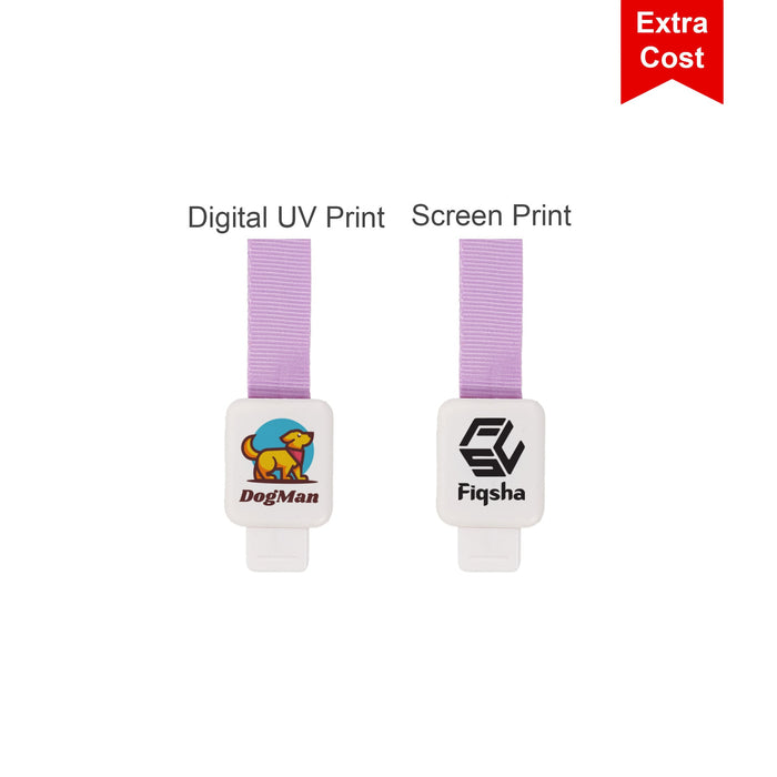Retractable Lanyard - A retractable lanyard with a white casing and a purple strap, featuring a logo on each side.