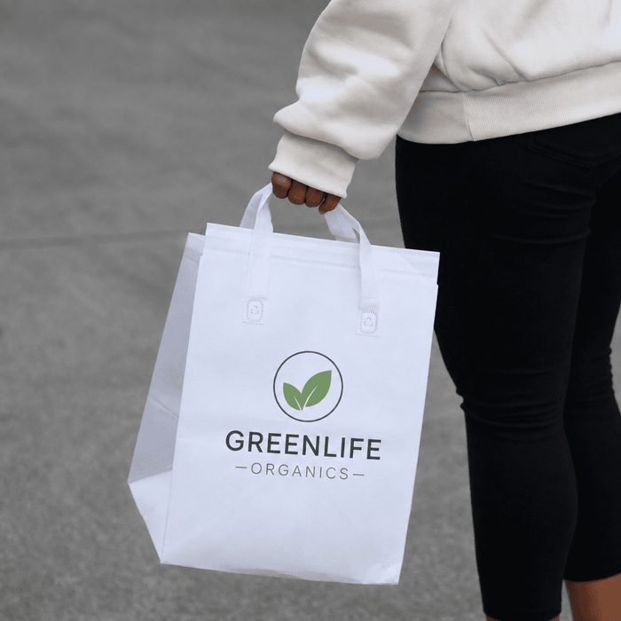 13L Insulated Reusable Bag - A white insulated reusable bag with two handles, featuring a logo on the front.