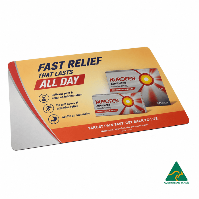 Deluxe Counter Mat A4 (297mm x 210mm) 1mm Natural Rubber - A promotional mouse mat featuring a brightly coloured design, highlighting pain relief with an image of Nurofen packs.