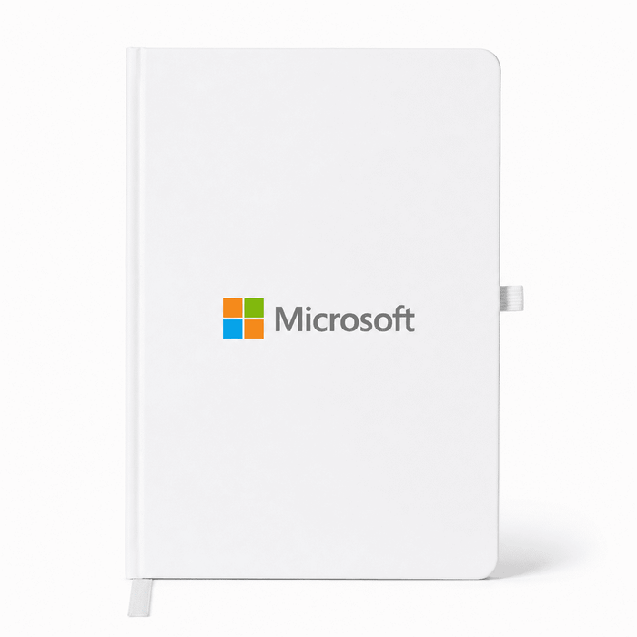 NFC A5 Smart Notebook - A white A5 smart notebook with a logo on the front cover, featuring a clean design and a ribbon bookmark.