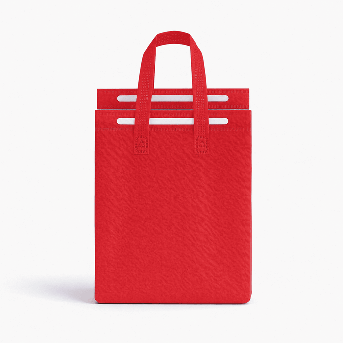 13L Insulated Reusable Bag - A red insulated reusable bag with two top handles, featuring a simple design and a logo on the front.