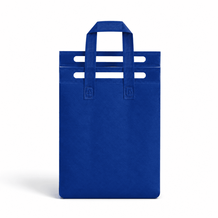8L Insulated Reusable Bag - A blue insulated reusable bag with multiple handles and a smooth surface, featuring a logo.