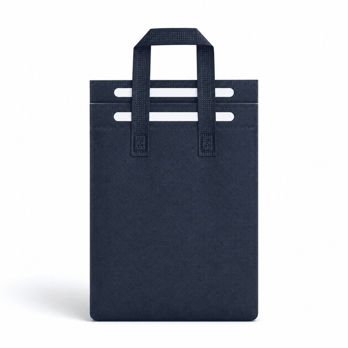 8L Insulated Reusable Bag - A navy blue insulated reusable bag with sturdy handles and cut-out slots at the top. It features a simple, sleek design.