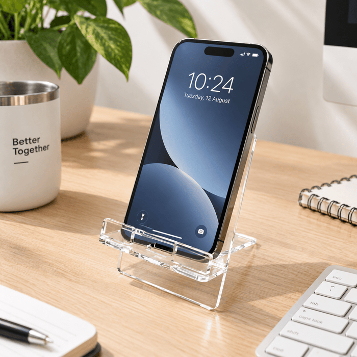 DIY Acrylic Phone Stand - A clear acrylic phone stand displayed on a wooden desk, holding a smartphone with a digital clock visible.