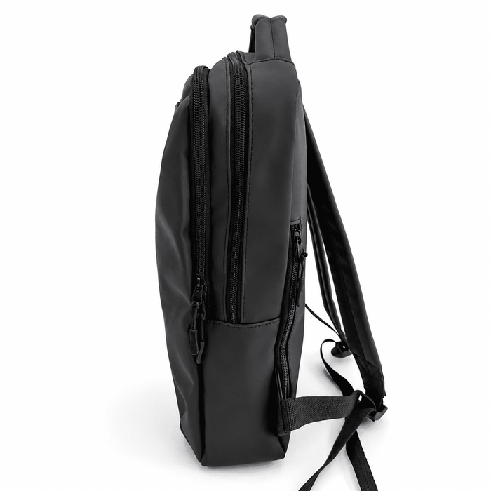Tessa Soft PU Backpack - A black soft PU backpack featuring a slim profile and multiple zippered compartments. It includes adjustable straps and a logo.