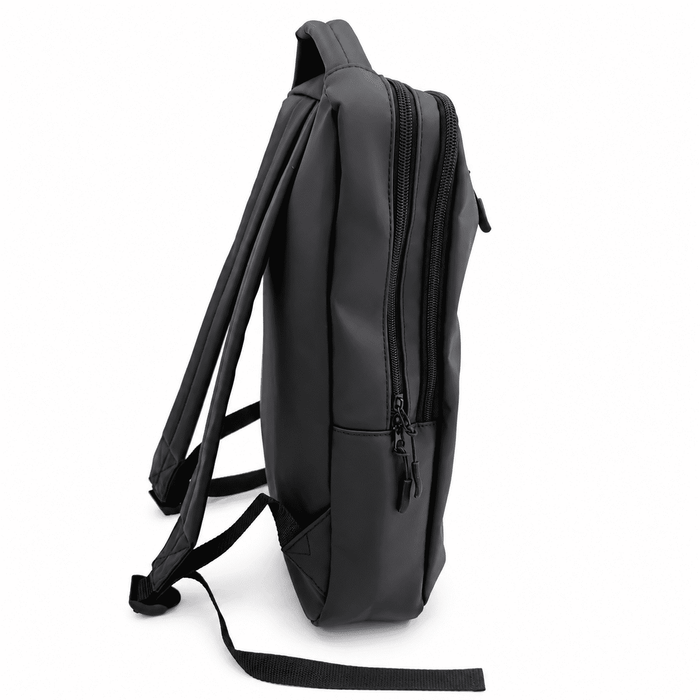 Tessa Soft PU Backpack - A black soft PU backpack with dual zippers and adjustable straps, featuring a sleek and modern design.