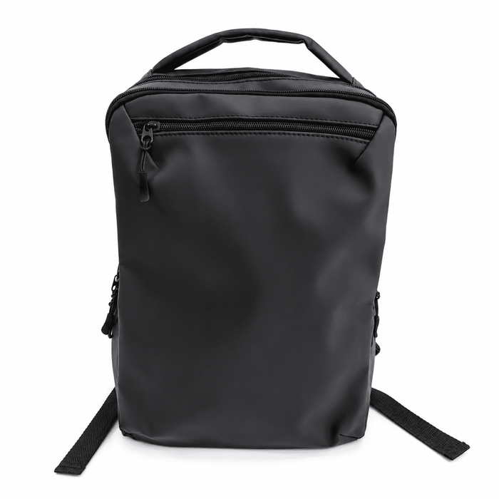 Tessa Soft PU Backpack - A black soft PU backpack with a top handle, zippered front pocket, and adjustable shoulder straps. Features a logo.