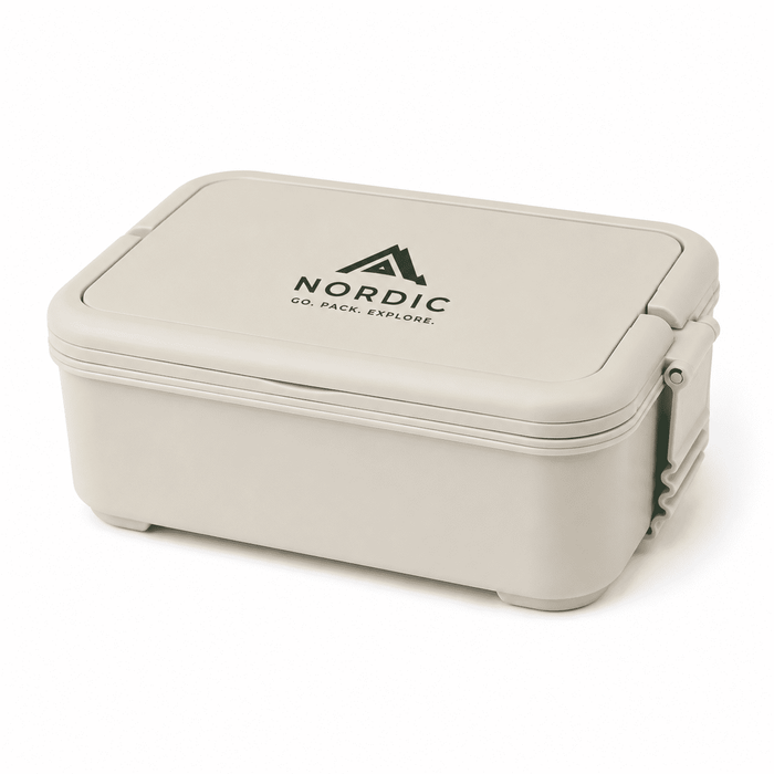 Stack & Go Lunchbox - A cream-coloured lunchbox with a logo, featuring a secure locking lid and sturdy design.