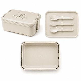 Stack & Go Lunchbox - A beige lunchbox with a lid, accompanied by a matching plate and utensil set, featuring a logo on the lid.
