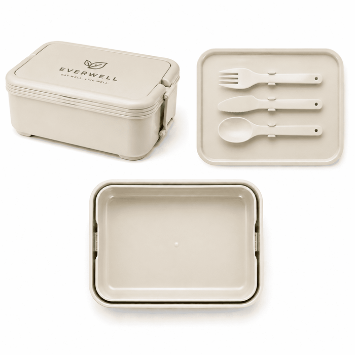 Stack & Go Lunchbox - A beige lunchbox with a lid, accompanied by a matching plate and utensil set, featuring a logo on the lid.