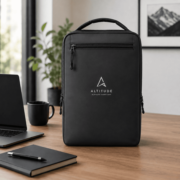 Tessa Soft PU Backpack - A black soft PU backpack with a logo, placed on a desk alongside a laptop, notebook, and cup.