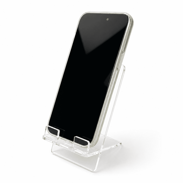 DIY Acrylic Phone Stand - A clear acrylic phone stand displaying a smartphone in an upright position.