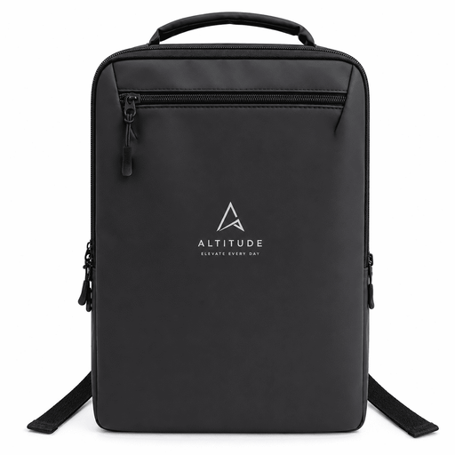 Tessa Soft PU Backpack - A black backpack with a minimalist design, featuring a logo and multiple zippers for storage.