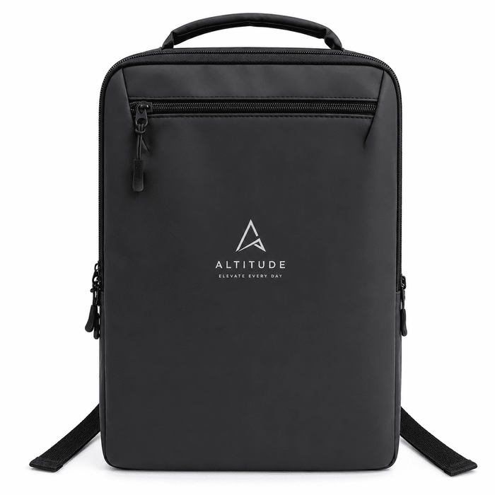 Tessa Soft PU Backpack - A black backpack with a minimalist design, featuring a logo and multiple zippers for storage.