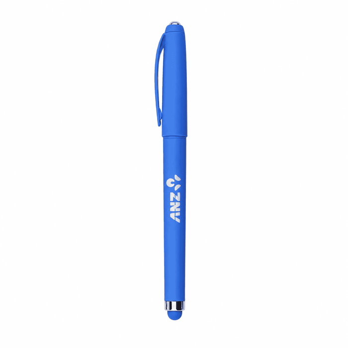 Fidget Gel Pen - A blue fidget gel pen with a clip and a logo on its body, featuring a stylus tip at one end.