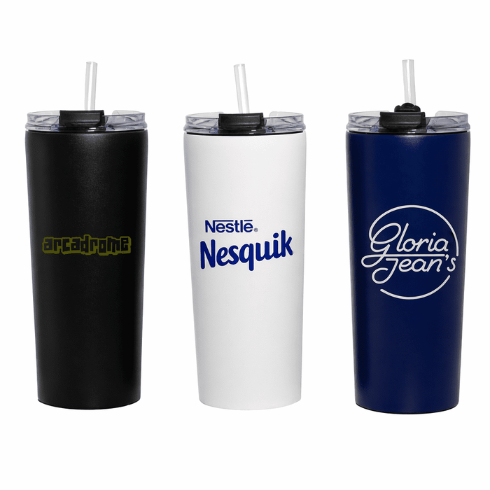 The Connor 600ml Vacuum Tumbler - Three vacuum tumblers in black, white, and navy blue, each with a straw and a logo on the front.